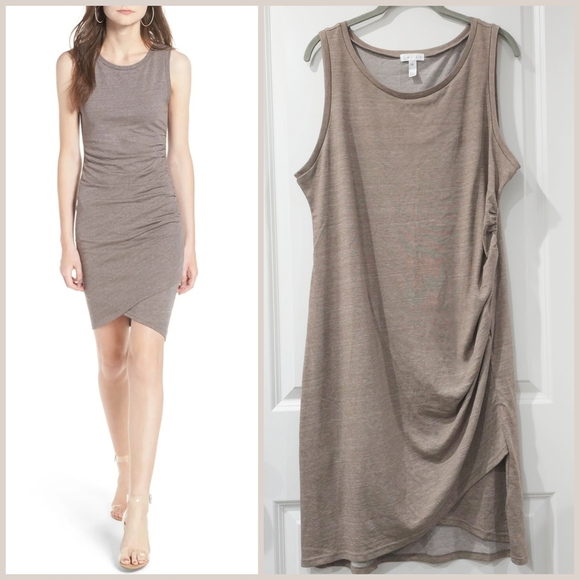 LEITH Ruched Body-Con Sleeveless Greige Dress, Tulip Hem, Heather Knit, XXL - Picture 1 of 13